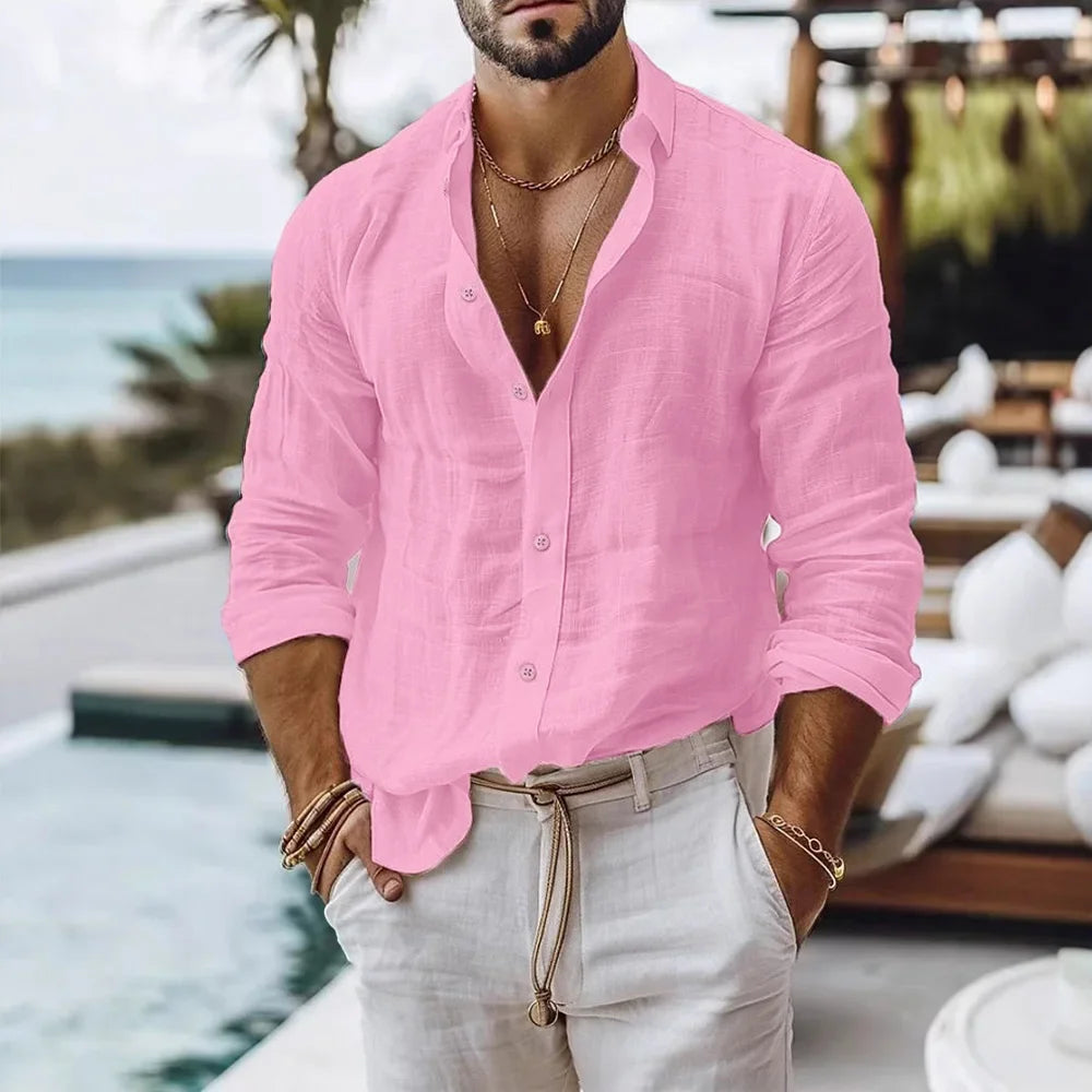 Summer Beach Style Solid Color Lightweight Cotton Linen Shirt