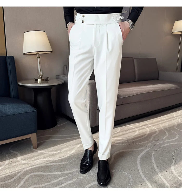 Adjustable Waist Men Solid Color Dress Pants