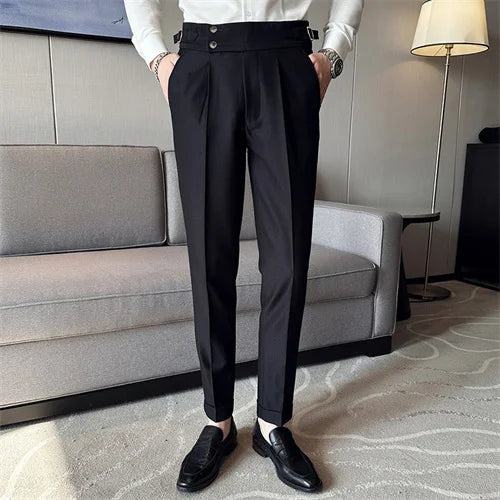 Adjustable Waist Men Solid Color Dress Pants