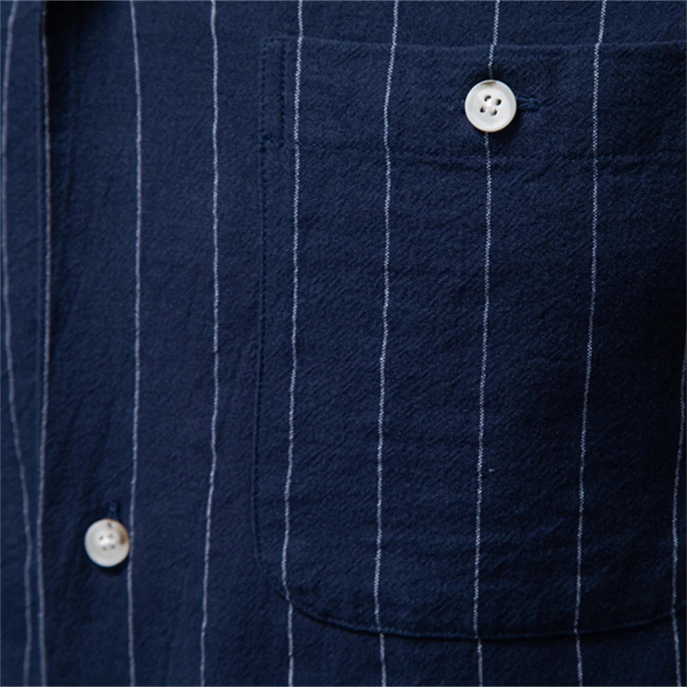 Men Casual Stripe Cotton Button Short Sleeve Shirt