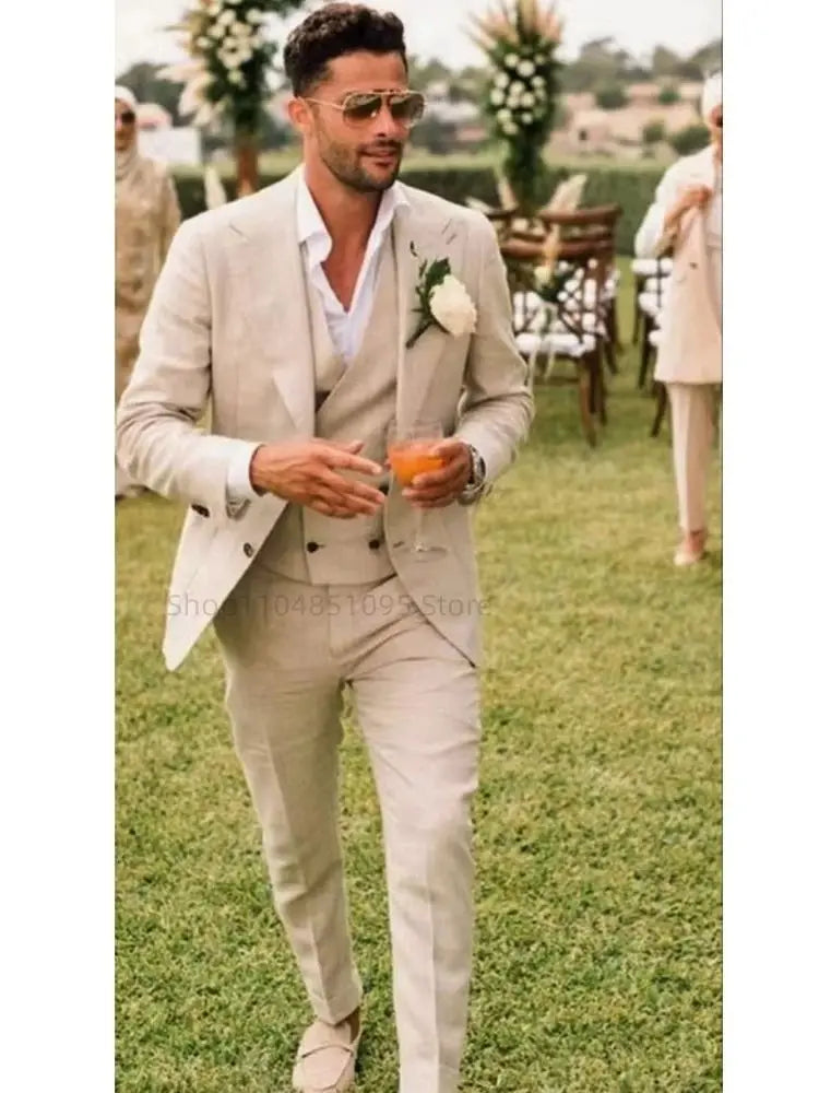 Beige Linen Men’s Wedding Suit