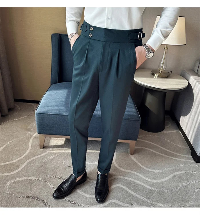 Adjustable Waist Men Solid Color Dress Pants