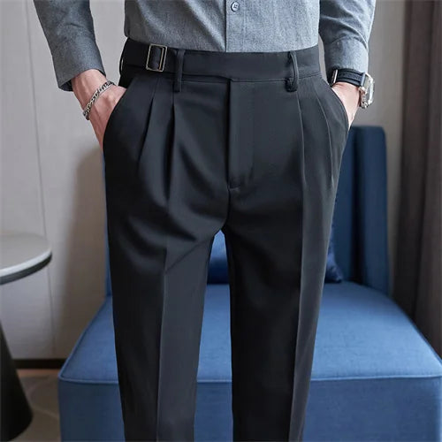 Adjustable Waist Men Solid Color Dress Pants