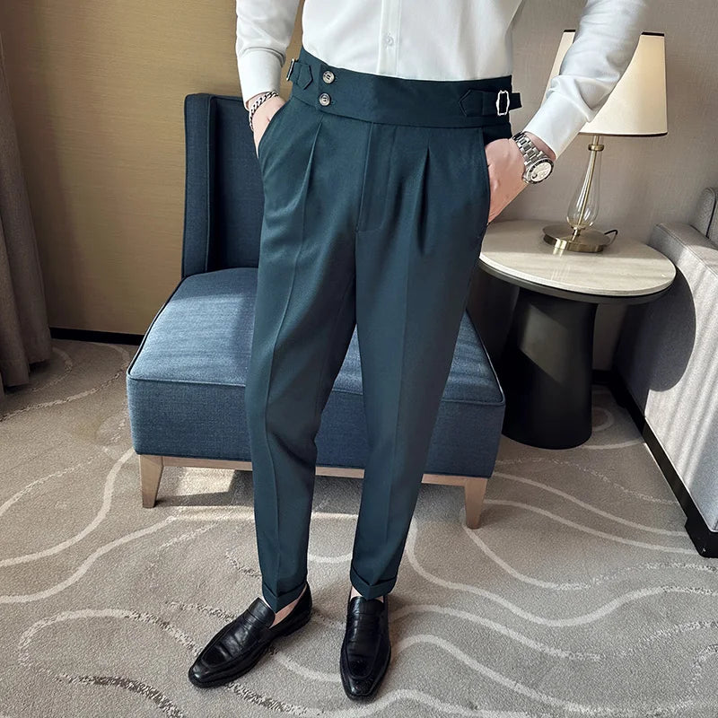 Adjustable Waist Men Solid Color Dress Pants