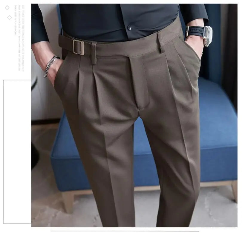 Adjustable Waist Men Solid Color Dress Pants