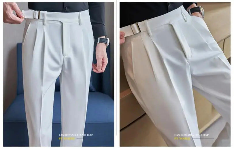Adjustable Waist Men Solid Color Dress Pants