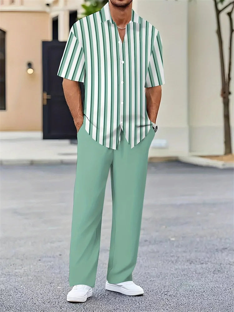 Men’s Light Blue Striped 3D Printed Shirt Set