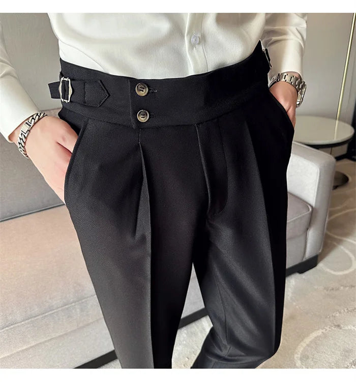 Adjustable Waist Men Solid Color Dress Pants