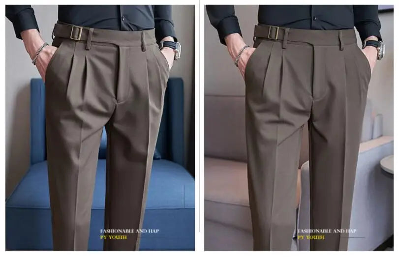 Adjustable Waist Men Solid Color Dress Pants