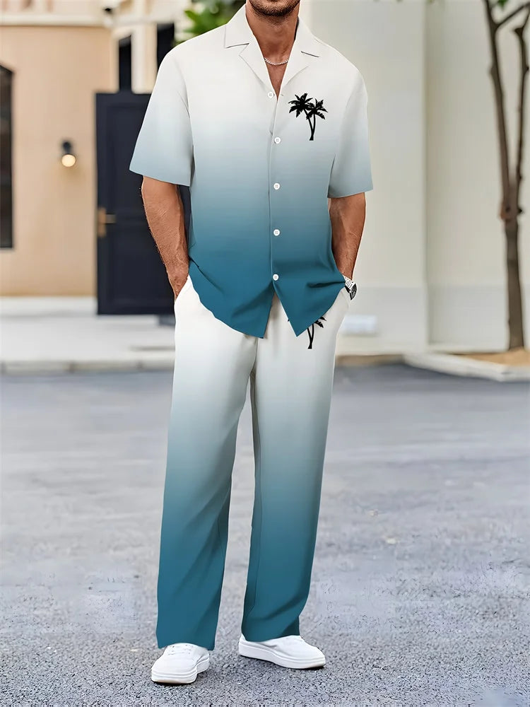 Men’s Light Blue Striped 3D Printed Shirt Set