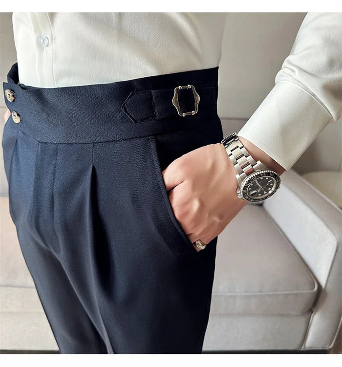 Adjustable Waist Men Solid Color Dress Pants