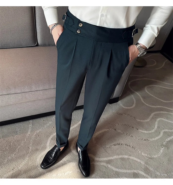 Adjustable Waist Men Solid Color Dress Pants