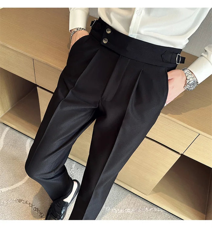 Adjustable Waist Men Solid Color Dress Pants