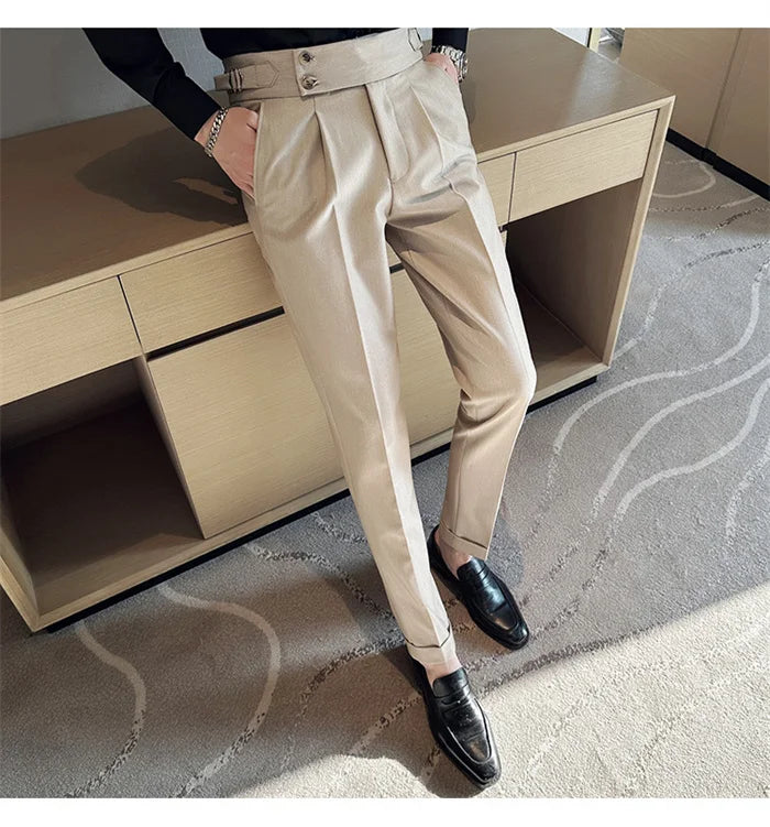 Adjustable Waist Men Solid Color Dress Pants