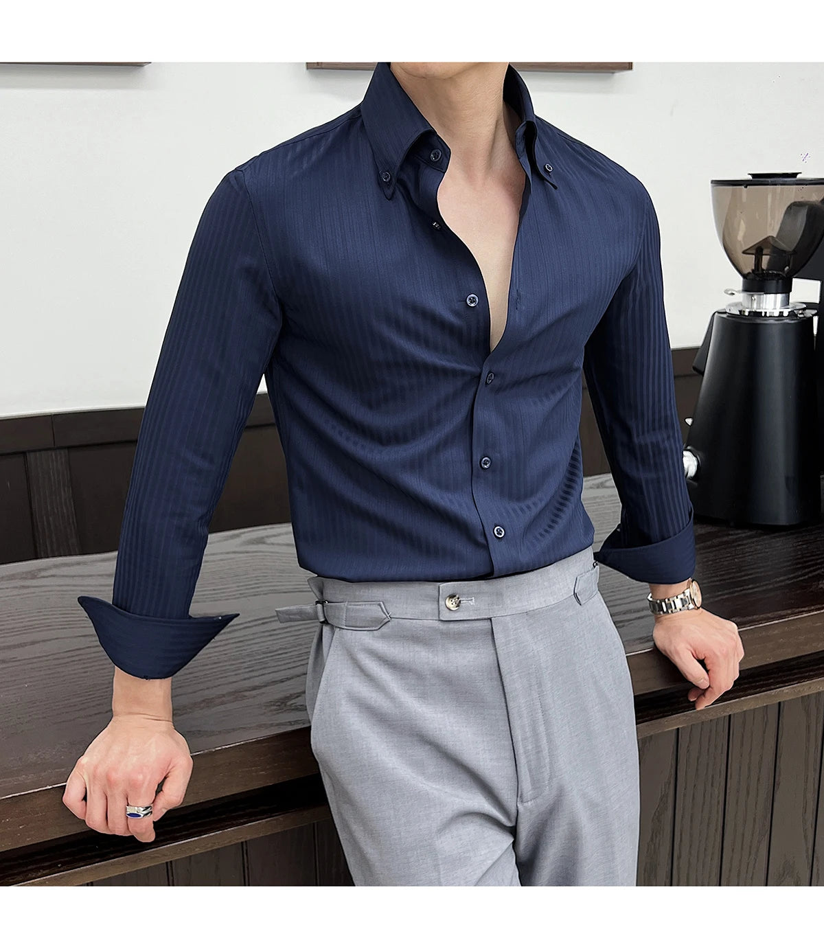 Men’s Autumn Dark Striped Long Sleeve Shirt