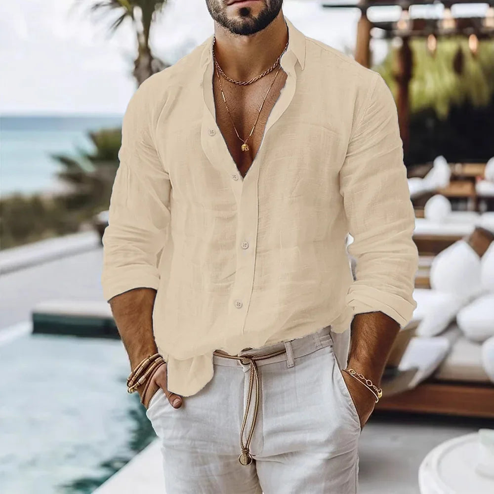 Summer Beach Style Solid Color Lightweight Cotton Linen Shirt
