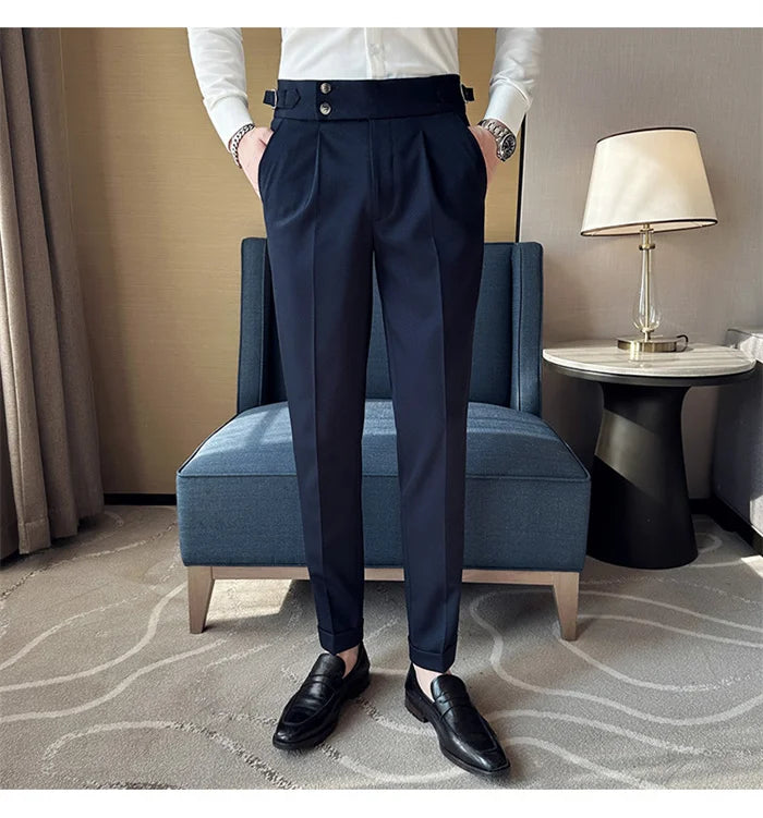 Adjustable Waist Men Solid Color Dress Pants