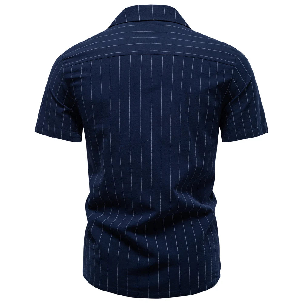 Men Casual Stripe Cotton Button Short Sleeve Shirt