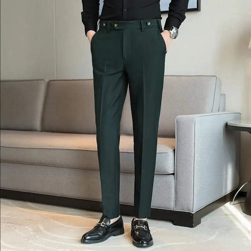Adjustable Waist Men Solid Color Dress Pants