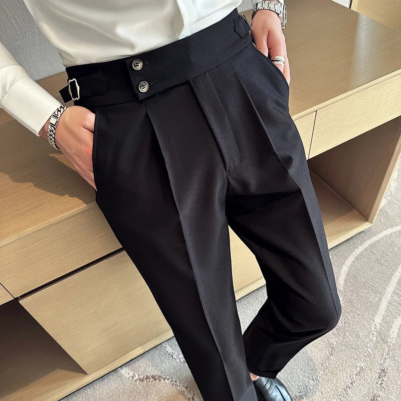 Adjustable Waist Men Solid Color Dress Pants