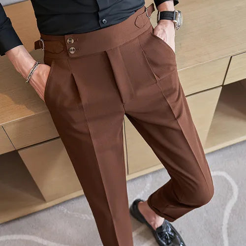 Adjustable Waist Men Solid Color Dress Pants