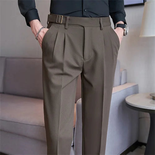 Adjustable Waist Men Solid Color Dress Pants