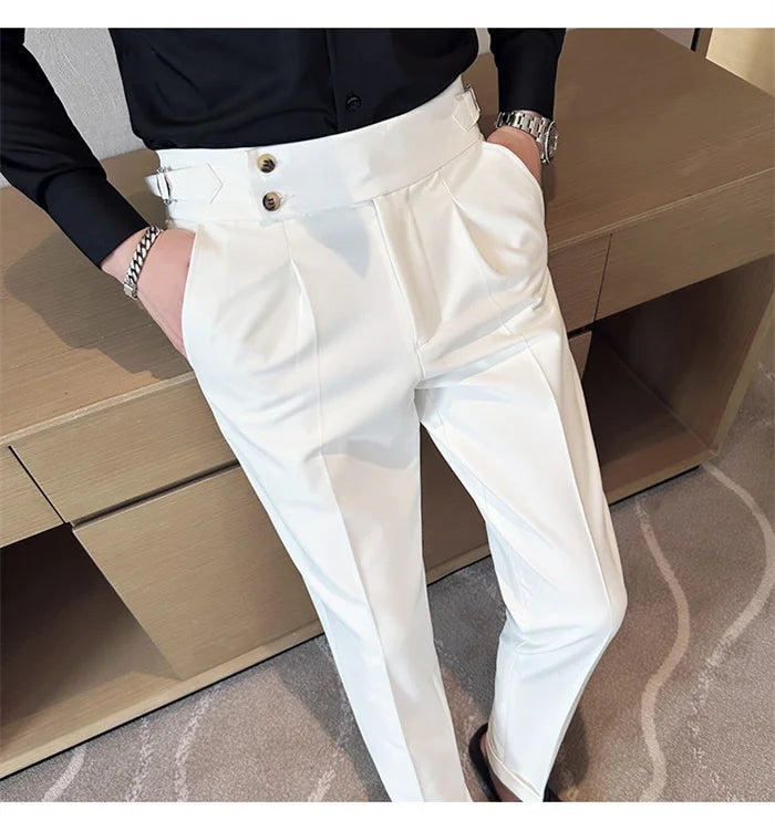 Adjustable Waist Men Solid Color Dress Pants