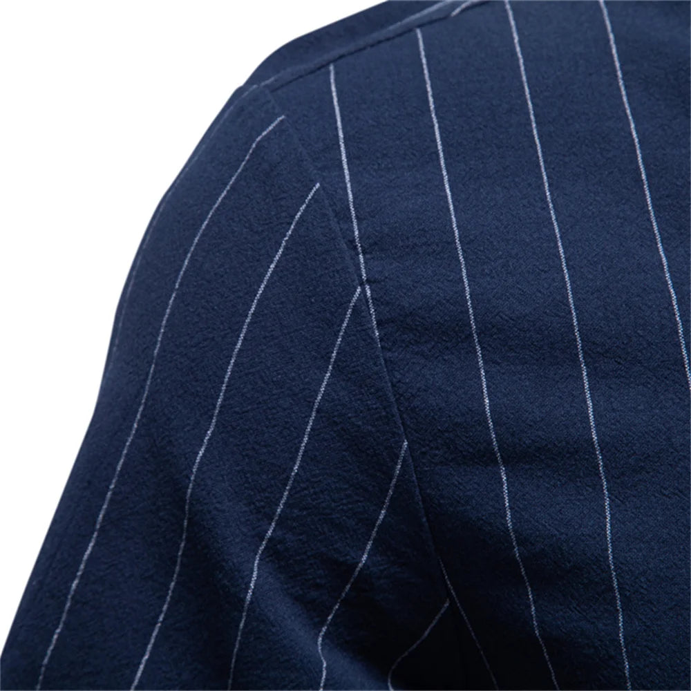 Men Casual Stripe Cotton Button Short Sleeve Shirt