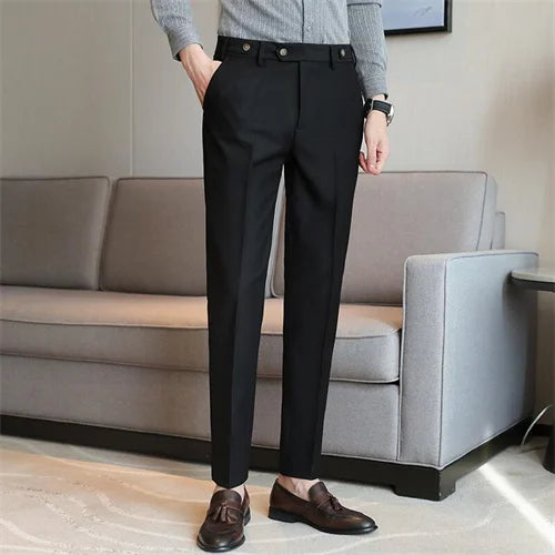 Adjustable Waist Men Solid Color Dress Pants