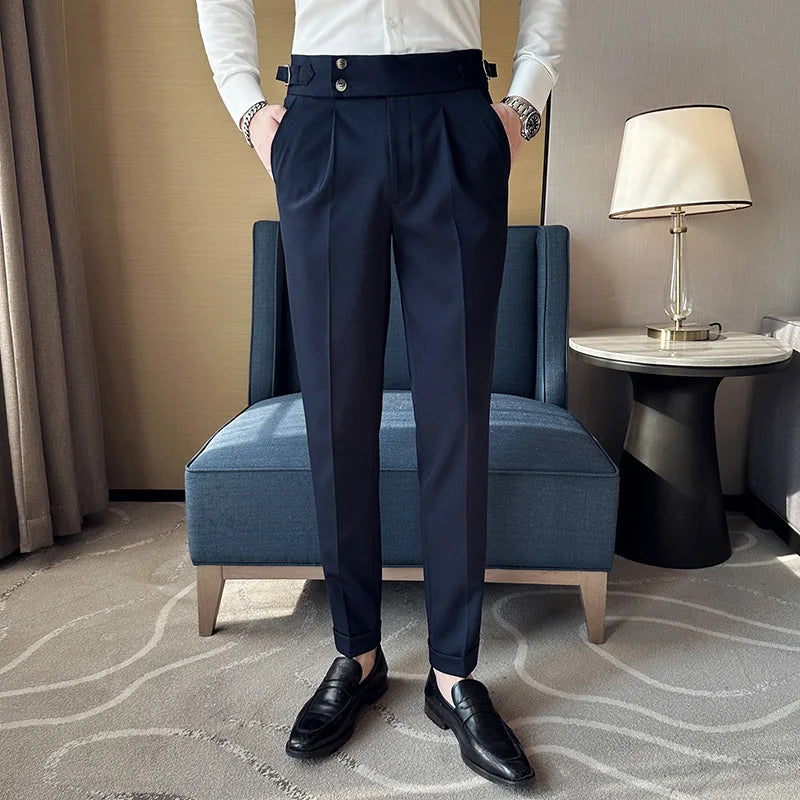 Adjustable Waist Men Solid Color Dress Pants