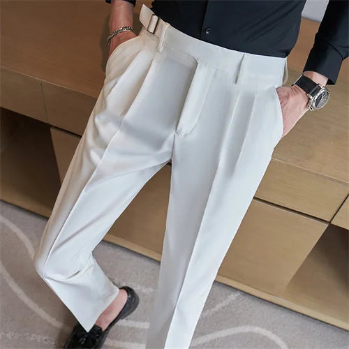 Adjustable Waist Men Solid Color Dress Pants