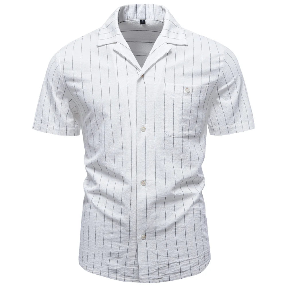 Men Casual Stripe Cotton Button Short Sleeve Shirt