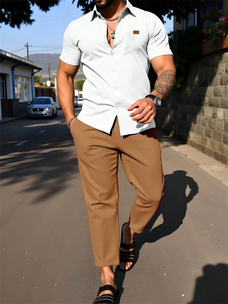 Men’s Light Blue Striped 3D Printed Shirt Set
