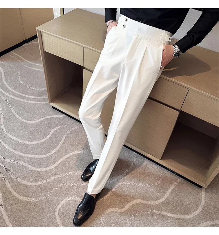 Adjustable Waist Men Solid Color Dress Pants
