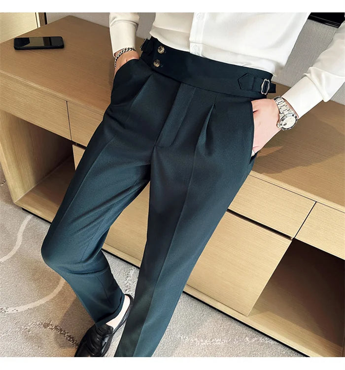 Adjustable Waist Men Solid Color Dress Pants