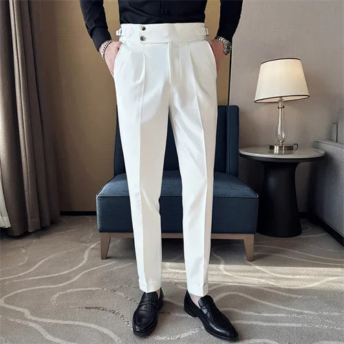 Adjustable Waist Men Solid Color Dress Pants
