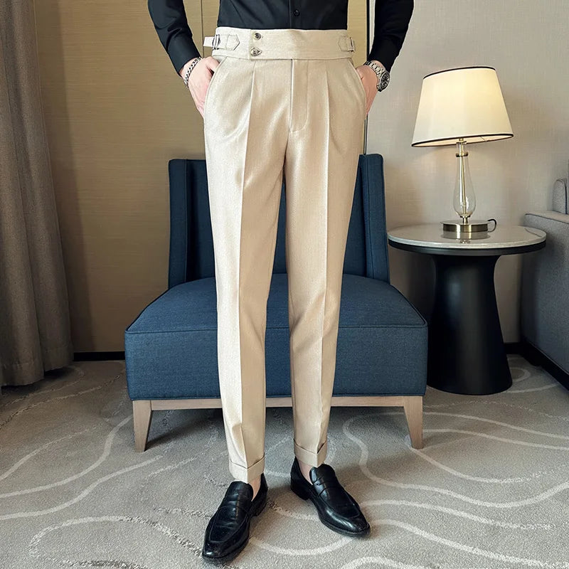 Adjustable Waist Men Solid Color Dress Pants