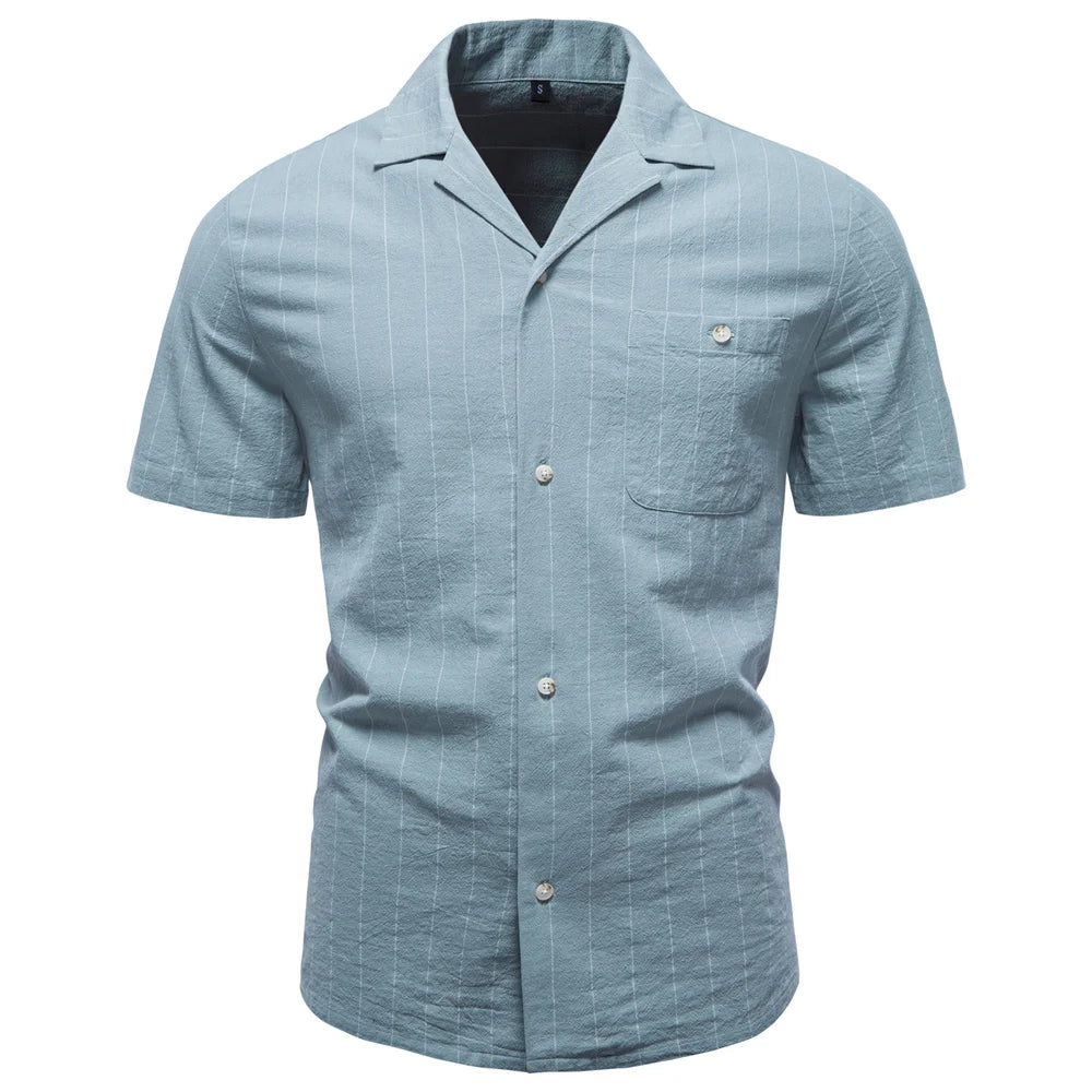 Men Casual Stripe Cotton Button Short Sleeve Shirt