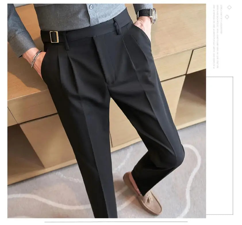Adjustable Waist Men Solid Color Dress Pants