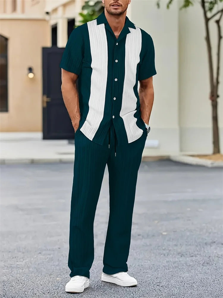 Men’s Light Blue Striped 3D Printed Shirt Set