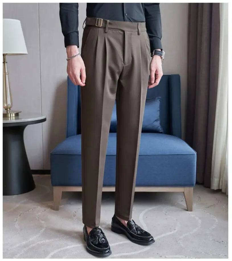 Adjustable Waist Men Solid Color Dress Pants