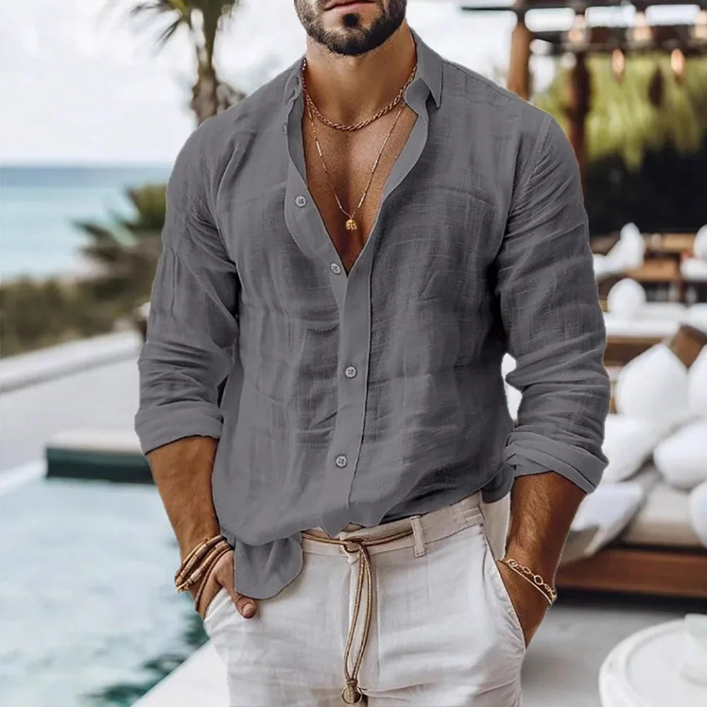 Summer Beach Style Solid Color Lightweight Cotton Linen Shirt
