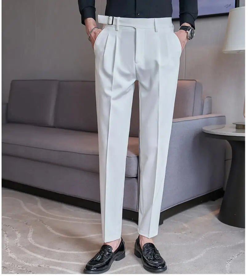 Adjustable Waist Men Solid Color Dress Pants