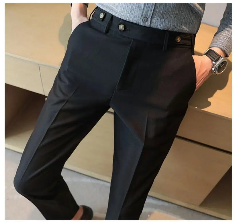 Adjustable Waist Men Solid Color Dress Pants