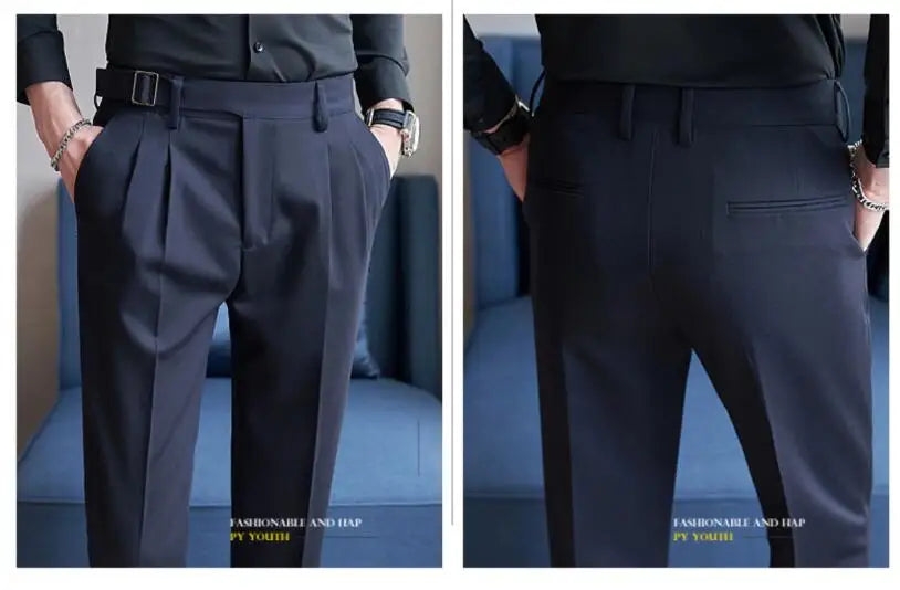 Adjustable Waist Men Solid Color Dress Pants