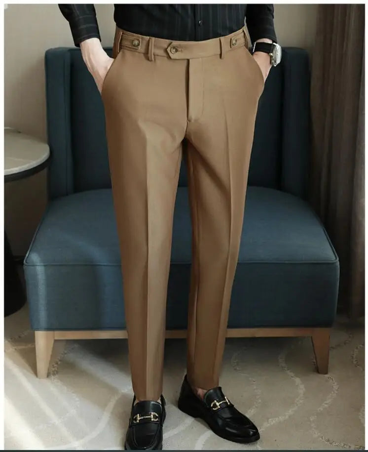 Adjustable Waist Men Solid Color Dress Pants