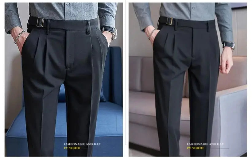 Adjustable Waist Men Solid Color Dress Pants