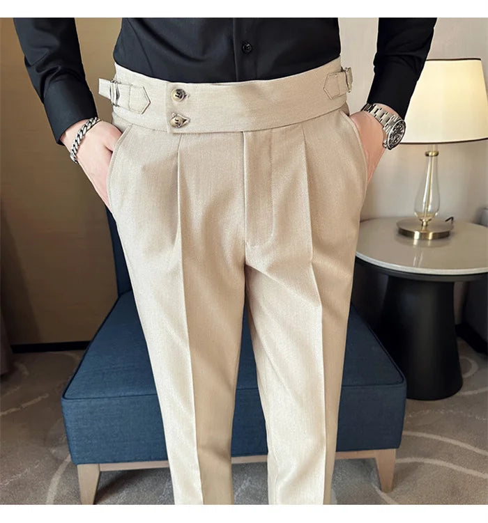 Adjustable Waist Men Solid Color Dress Pants
