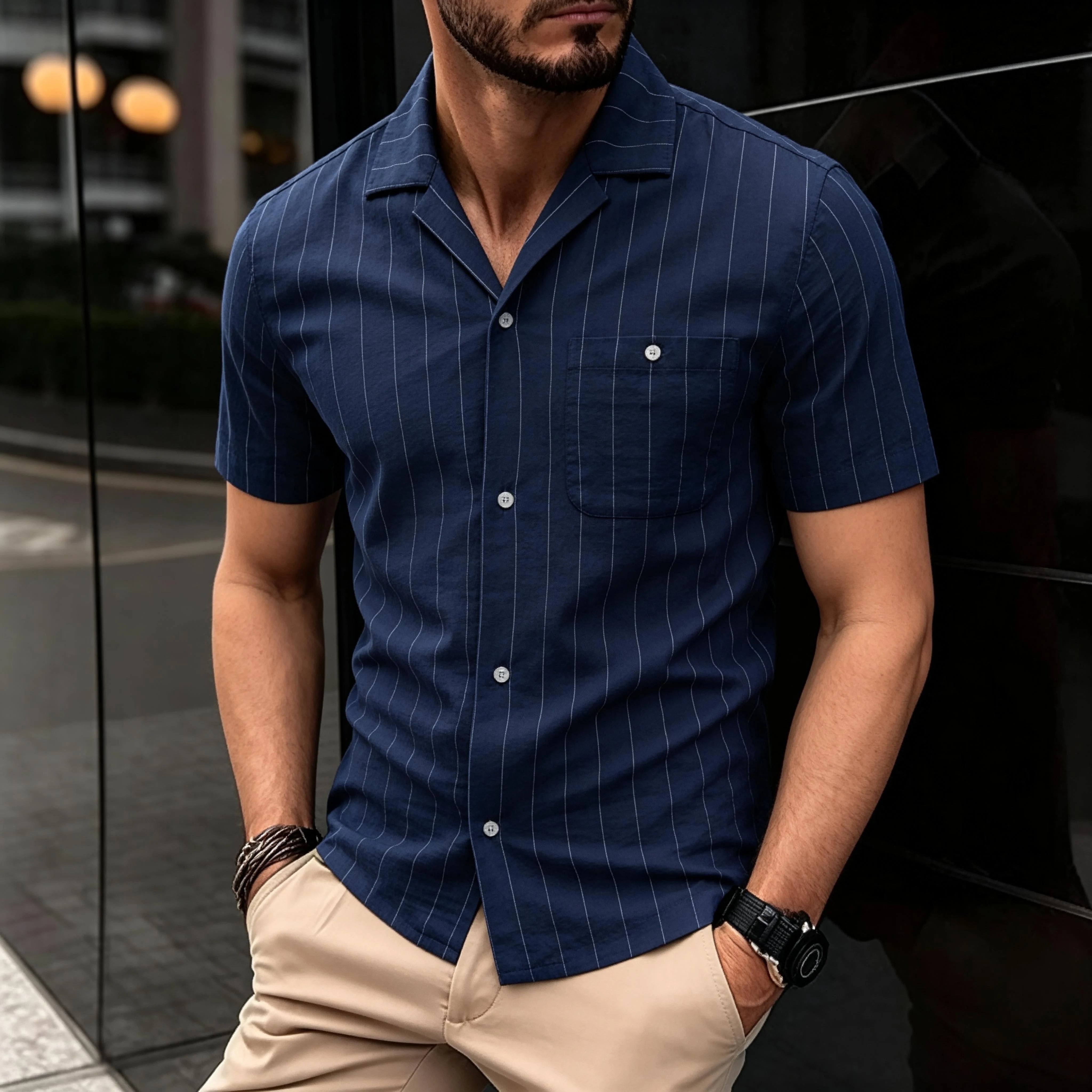 Men Casual Stripe Cotton Button Short Sleeve Shirt