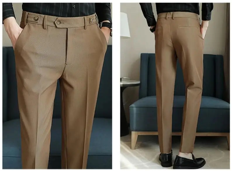 Adjustable Waist Men Solid Color Dress Pants